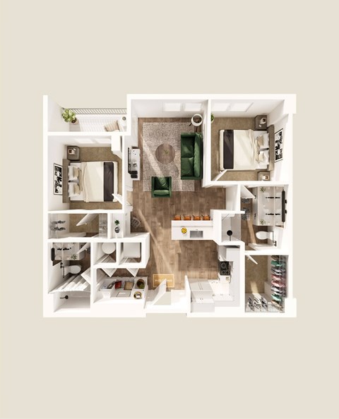 Floor plan for 2 beds, 2 baths, 935 sqft
